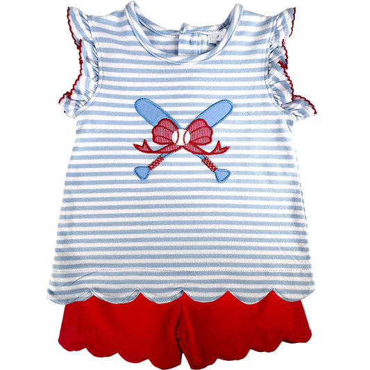 preorder GSSO3244 Baseball Bow Blue Short Sleeve Red Shorts Girls Set