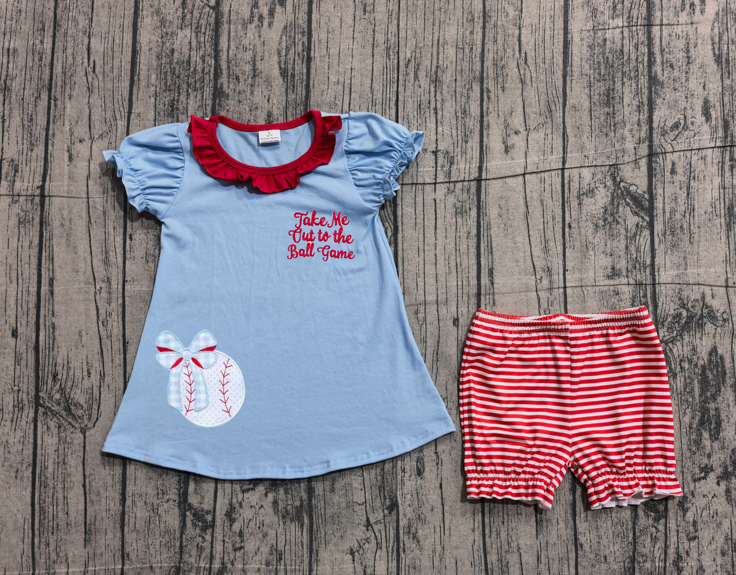 preorder Samples GSSO3245 Baseball Bow Blue Short Sleeve Red Striped Shorts Girls Set