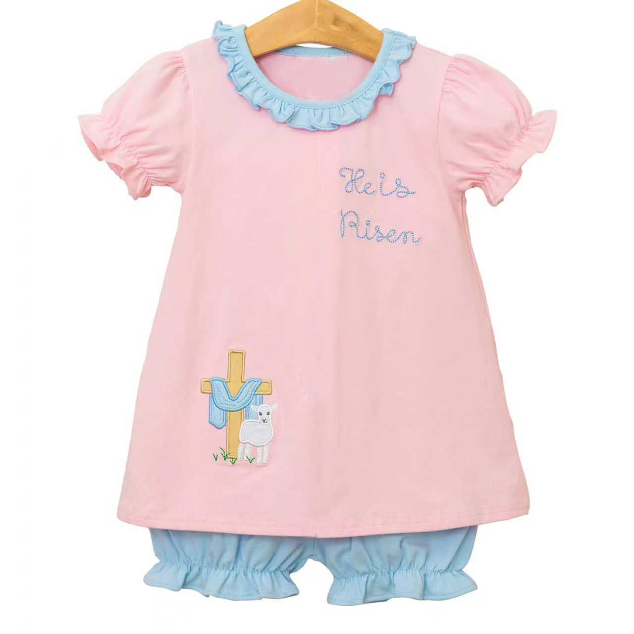 preorder GSSO3247 Easter He is Risen Short Sleeve Blue Shorts Girls Set