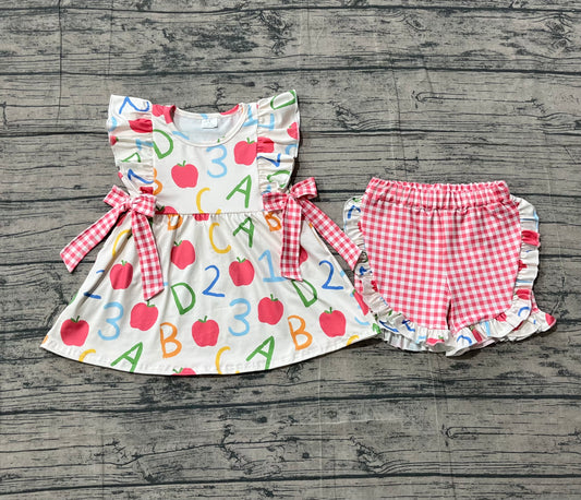 preorder GSSO3258 Back To School Apple Pocket Flutter Sleeve Red Checkered Shorts Girls Set