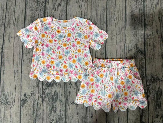 preorder Samples GSSO3269 Pink Bows Flowers Short Sleeve Shorts Girls Set