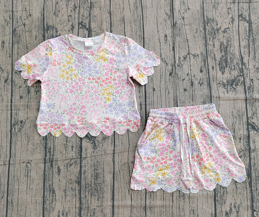 preorder Samples GSSO3270 Pink Bows Flowers Short Sleeve Shorts Girls Set