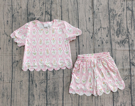 preorder Samples GSSO3271 Pink Flowers Short Sleeve Shorts Girls Set