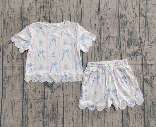 preorder Samples GSSO3272 Scallop Bows Flowers Short Sleeve Shorts Girls Set