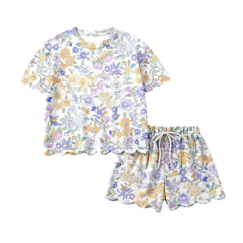 preorder GSSO3274 Colorful Flowers Short Sleeve Shorts Girls Set