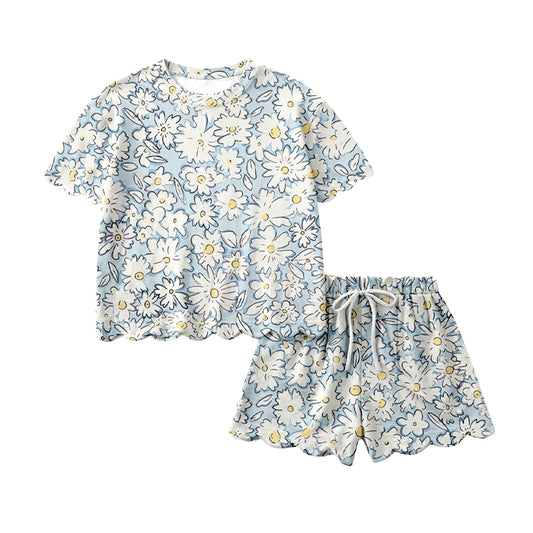 preorder GSSO3275 Flowers Blue Short Sleeve Shorts Girls Set