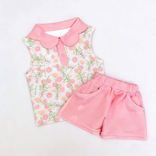preorder GSSO3279 Flowers Sleeveless Pink Shorts Girls Set
