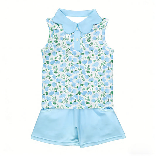preorder GSSO3280 Flowers Sleeveless Blue Shorts Girls Set