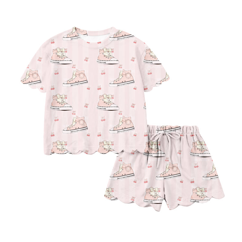 preorder GSSO3282 Pink Shoe Bows Short Sleeve Shorts Girls Set