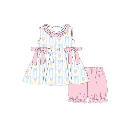 preorder GSSO3286 ice Blue Bows Sleeveless Pink Shorts Girls Set