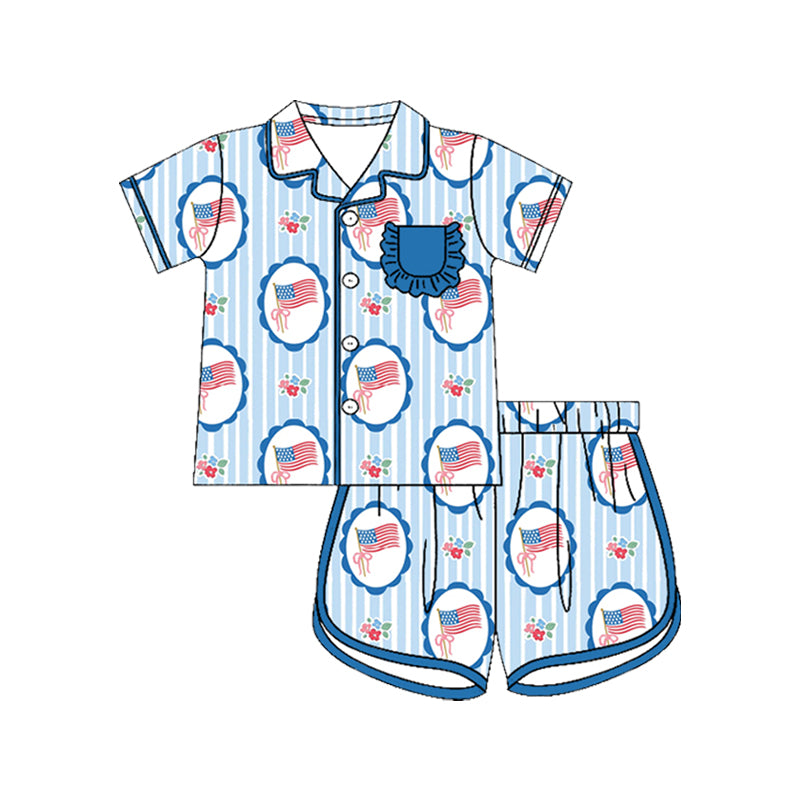 preorder GSSO3287 July 4th Flag Blue Short Sleeve Shorts Girls Pajamas