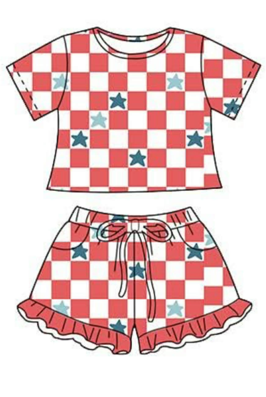 preorder GSSO3293 July 4th Star Red Checkered Short Sleeve Shorts Girls Set