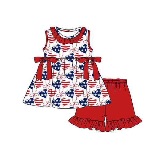 preorder GSSO3294 July 4th Flag Bows Sleeveless Red Shorts Girls Set