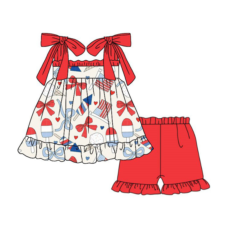 preorder GSSO3295 July 4th Firework Bows Sleeveless Red Shorts Girls Set