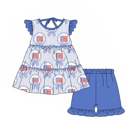 preorder GSSO3296 July 4th Flag Bows Sleeveless Blue Shorts Girls Set