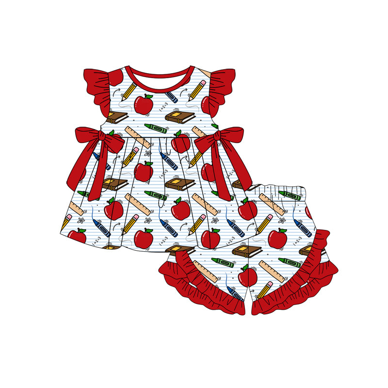 preorder GSSO3297 Back To School Apple Flutter Sleeve Shorts Girls Set