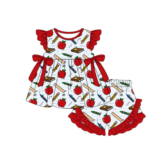 preorder GSSO3297 Back To School Apple Flutter Sleeve Shorts Girls Set