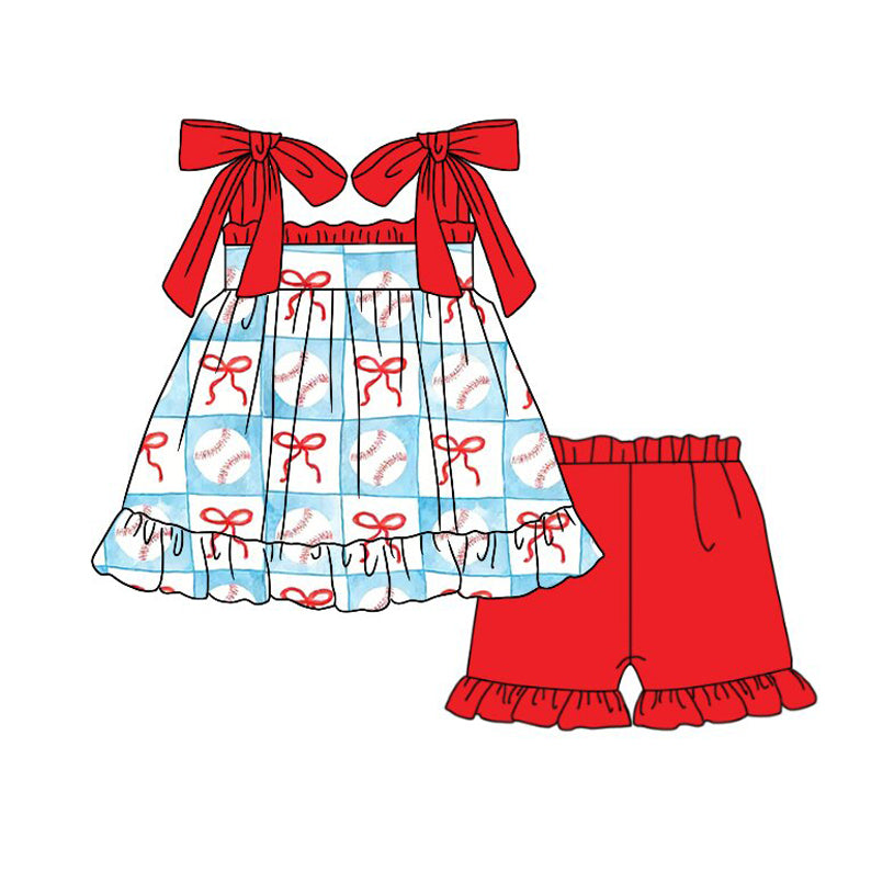 preorder GSSO3298 Baseball Bows Blue Top Red Shorts Girls Set