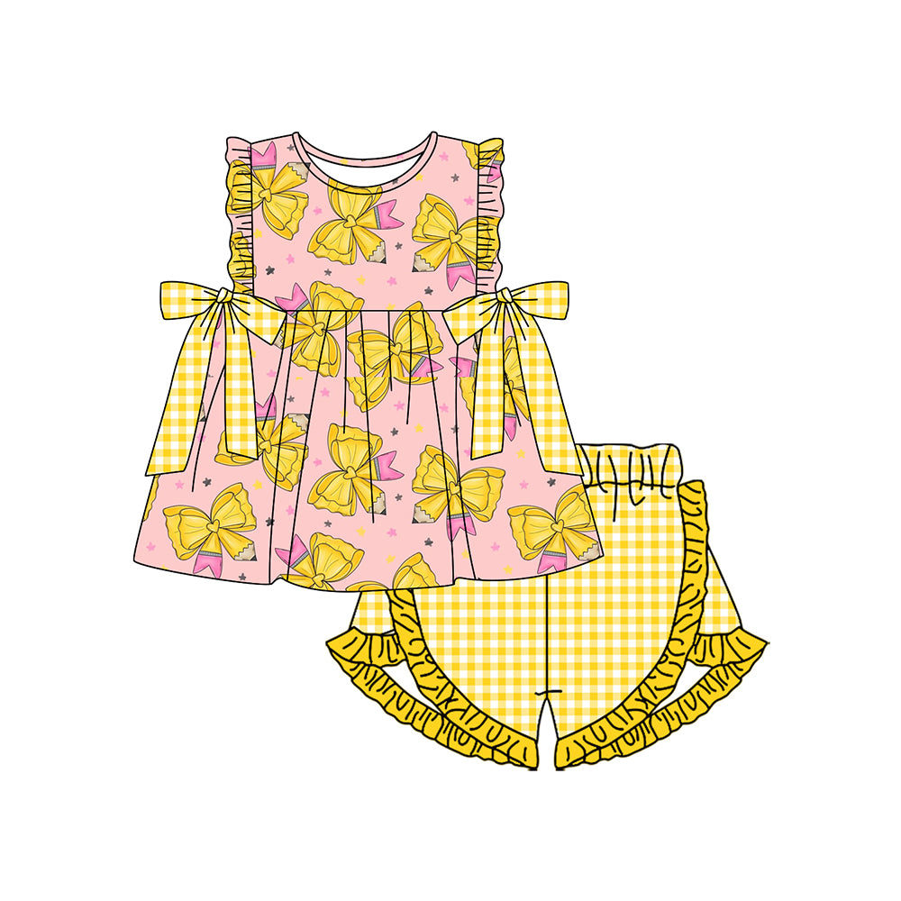 preorder GSSO3301 Back To School Pen Bows Short Sleeve Flutter Sleeve Shorts Girls Set