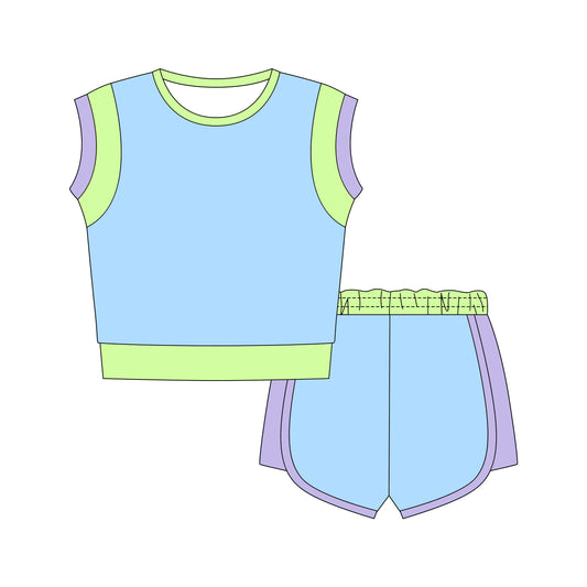 preorder GSSO3308 Blue Sleeveless Shorts Girls Set