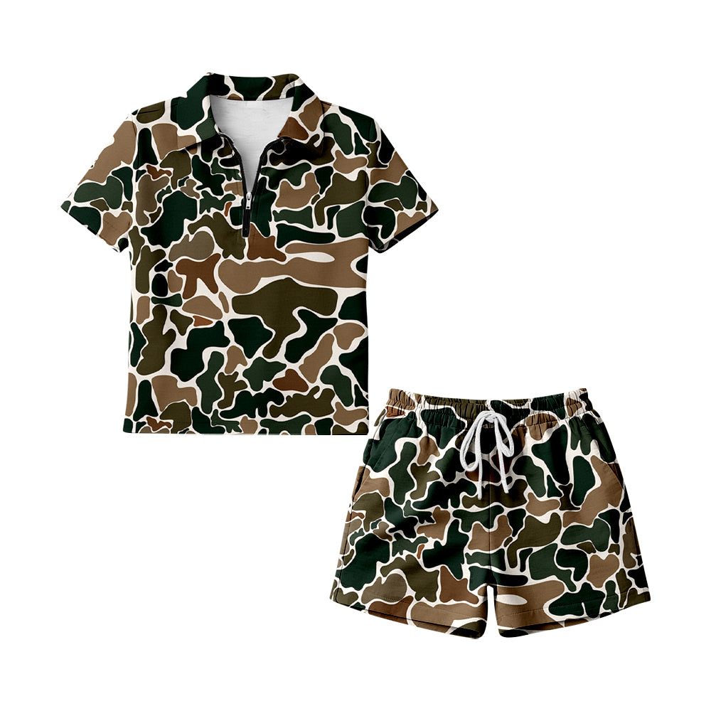 preorder GSSO3315 Hunting Camo Zipper Short Sleeve Shorts Adult Women Set