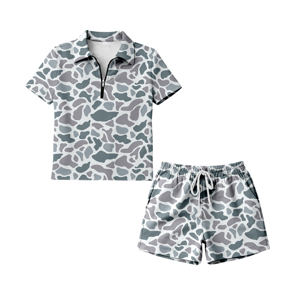 preorder GSSO3318 Hunting Camo Zipper Short Sleeve Shorts Adult Women Set