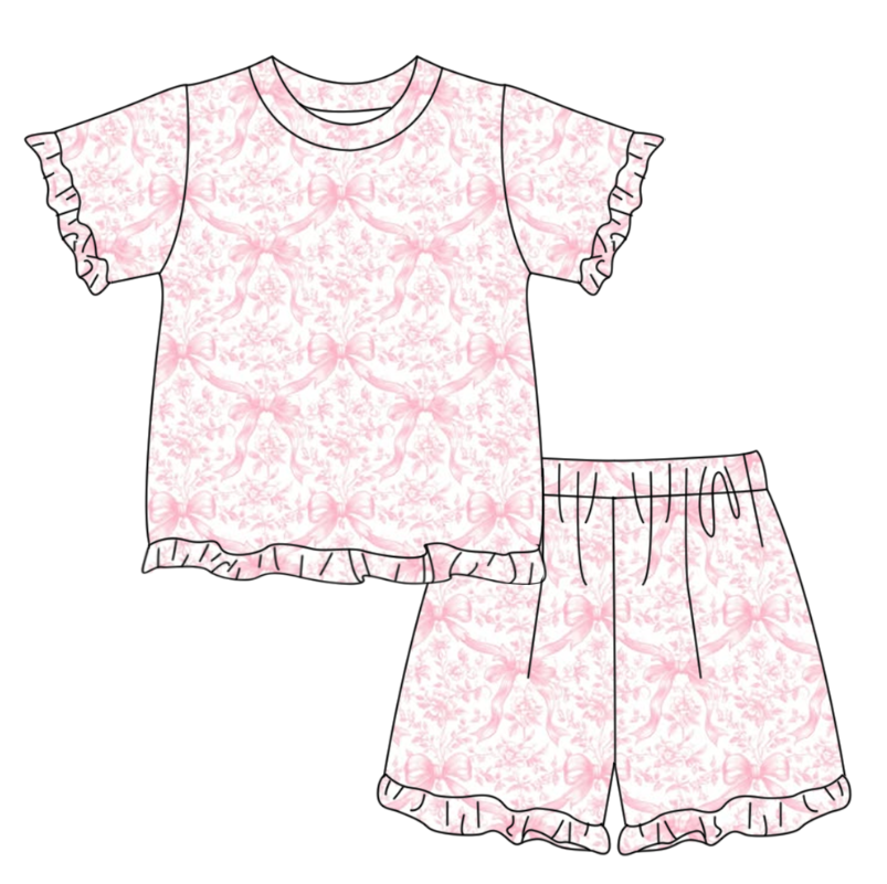 preorder GSSO3320 Pink Bows Short Sleeve Shorts Girls Set