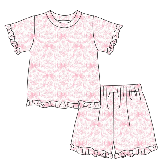 preorder GSSO3320 Pink Bows Short Sleeve Shorts Girls Set