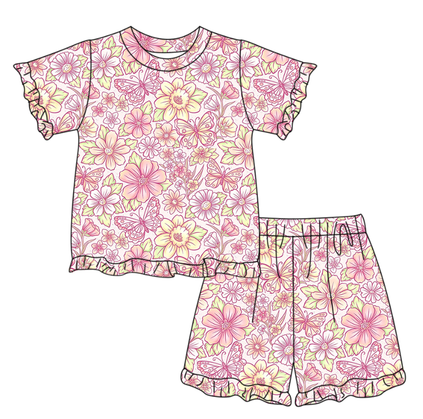 preorder GSSO3325 Pink Butterfly Flowers Short Sleeve Shorts Girls Set