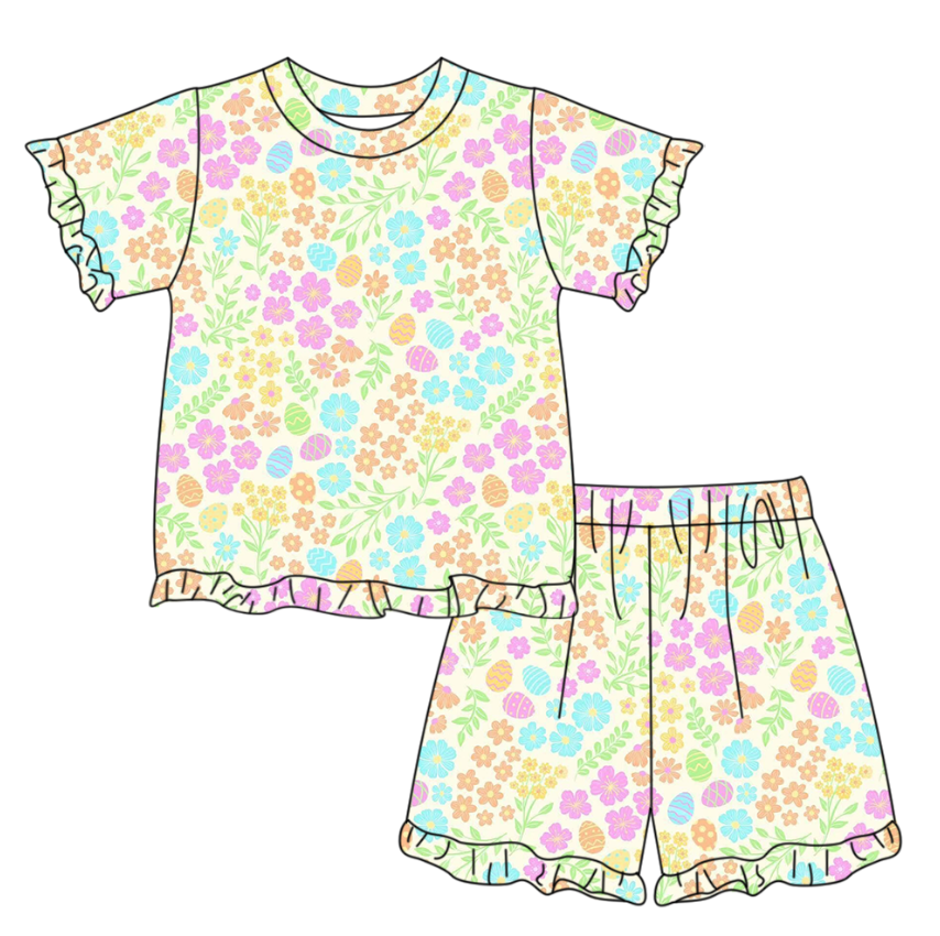 preorder GSSO3332 Colorful Flowers Short Sleeve Shorts Girls Set