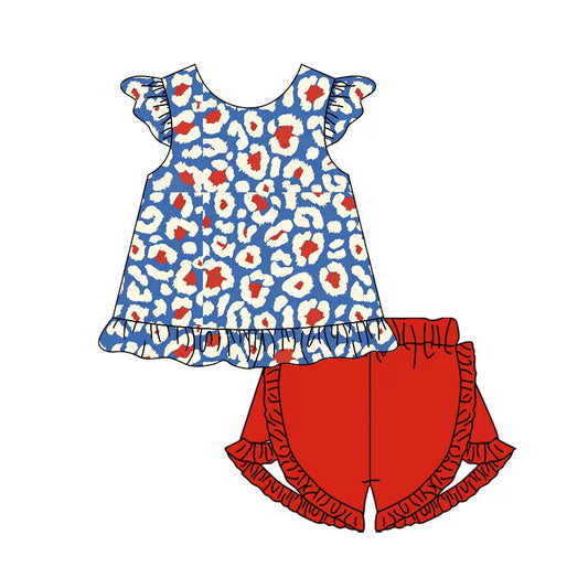 preorder GSSO3334 July 4th Blue Leopard Flutter Sleeve Red Shorts Girls Set