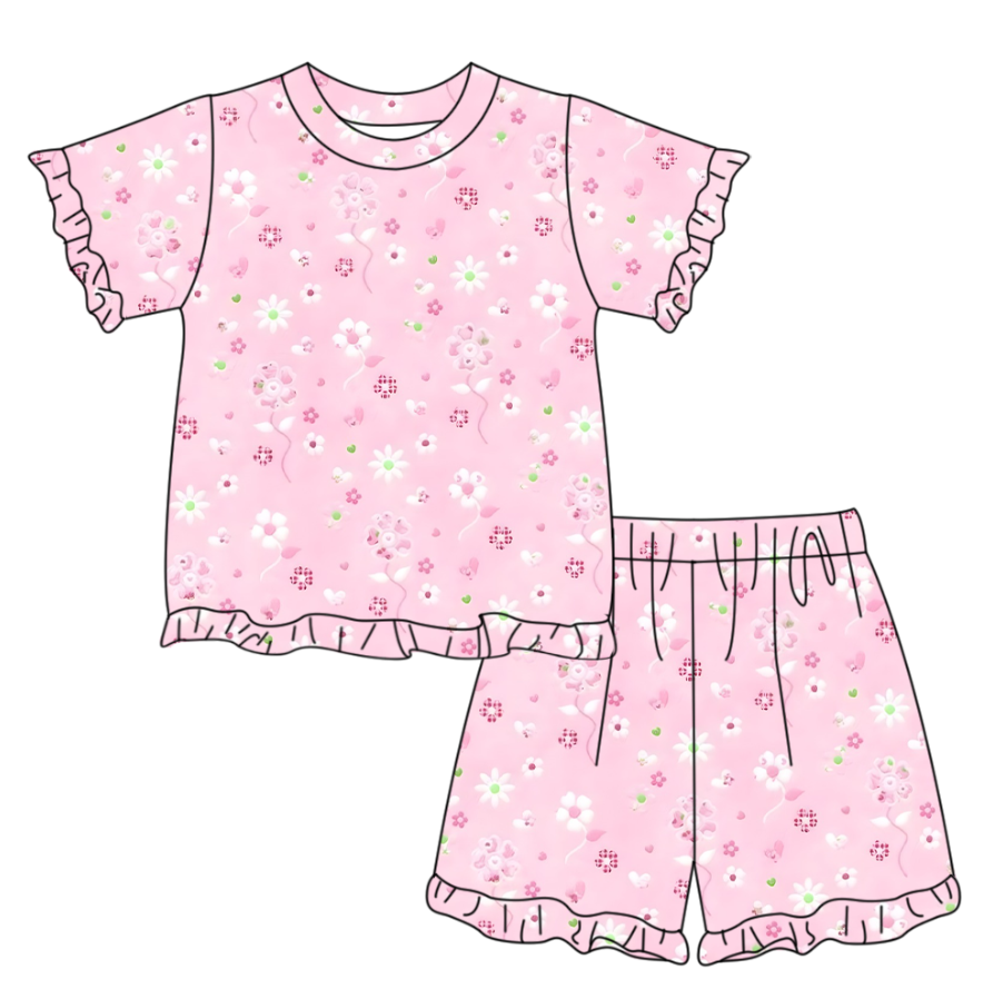 preorder GSSO3337 Flowers Pink Short Sleeve Shorts Girls Set