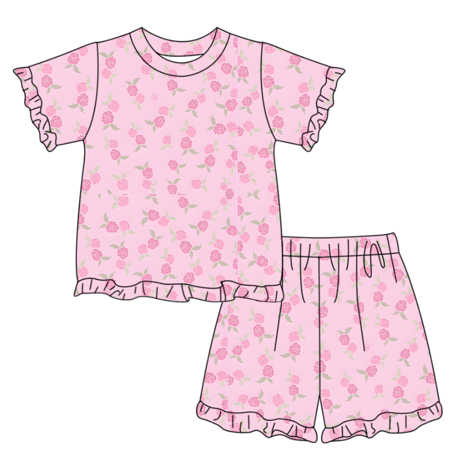 preorder GSSO3338 Flowers Pink Short Sleeve Shorts Girls Set