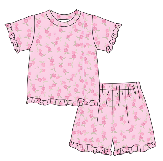 preorder GSSO3338 Flowers Pink Short Sleeve Shorts Girls Set