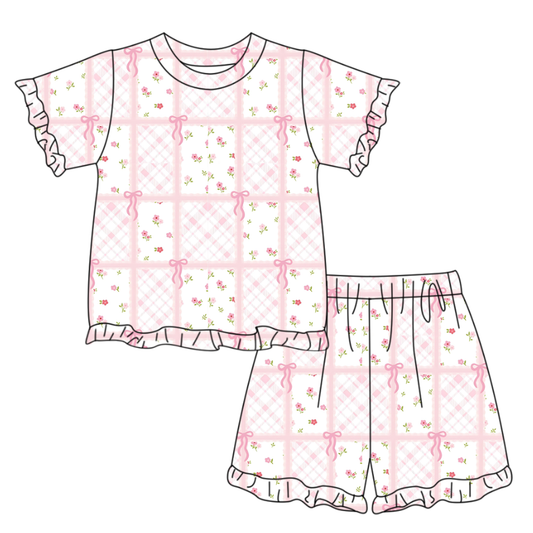 preorder GSSO3339 Flowers Pink Bows Short Sleeve Shorts Girls Set