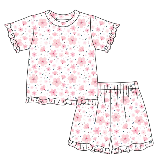 preorder GSSO3340 Flowers Pink Short Sleeve Shorts Girls Set