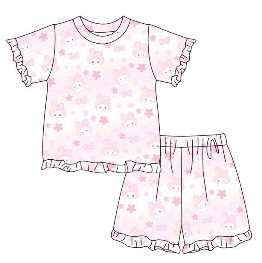 preorder GSSO3344 Pink Flowers Cartoon Short Sleeve Shorts Girls Set