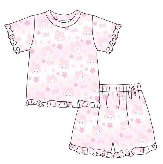 preorder GSSO3344 Pink Flowers Cartoon Short Sleeve Shorts Girls Set
