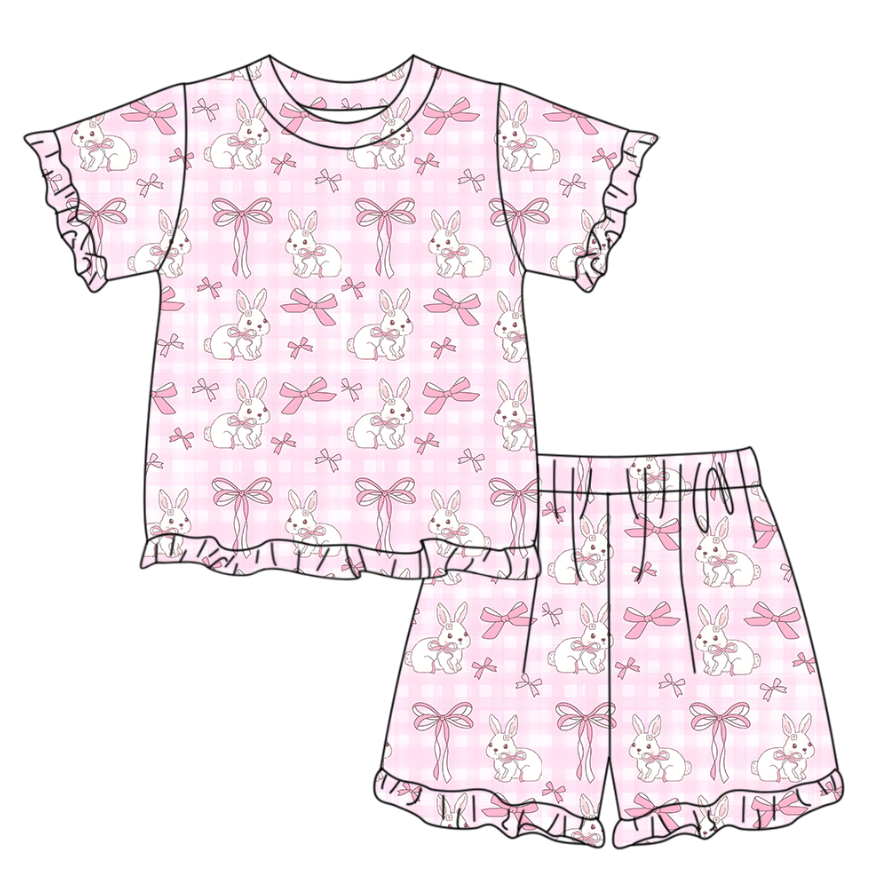 preorder GSSO3345 Pink Rabbit Bows Short Sleeve Shorts Girls Set