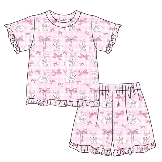 preorder GSSO3345 Pink Rabbit Bows Short Sleeve Shorts Girls Set