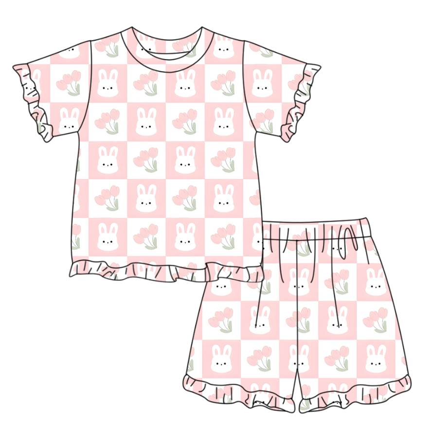 preorder GSSO3347 Pink Rabbit Bows Short Sleeve Shorts Girls Set