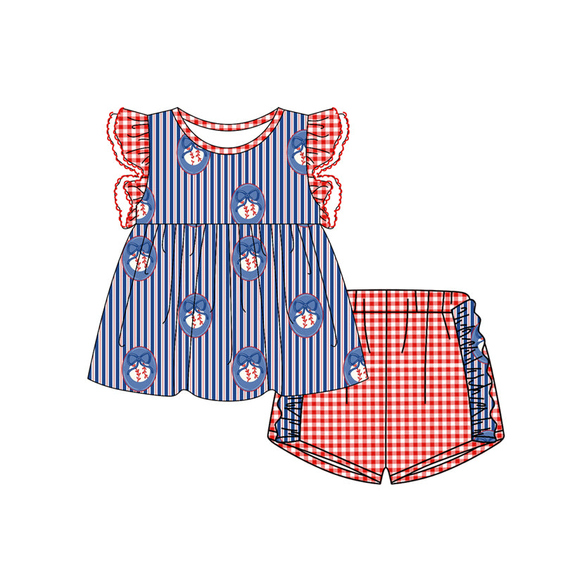 preorder GSSO3352 July 4th Baseball Bows Blue Flutter Sleeve Red Checkered Shorts Girls Set