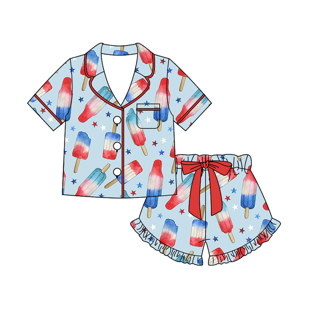 preorder GSSO3354 July 4th Firework Star Blue Short Sleeve Shorts Girls Set