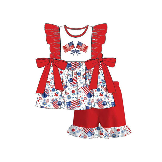 preorder GSSO3355 July 4th Flag Bows Flutter Sleeve Red Shorts Girls Set