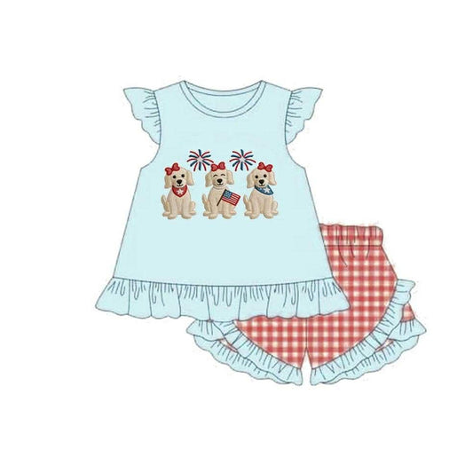 preorder GSSO3356 July 4th Firework Dog Blue Flutter Sleeve Red Checkered Shorts Girls Set