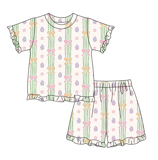 preorder GSSO3358 Easter Egg Flowers Bows Short Sleeve Shorts Girls Set