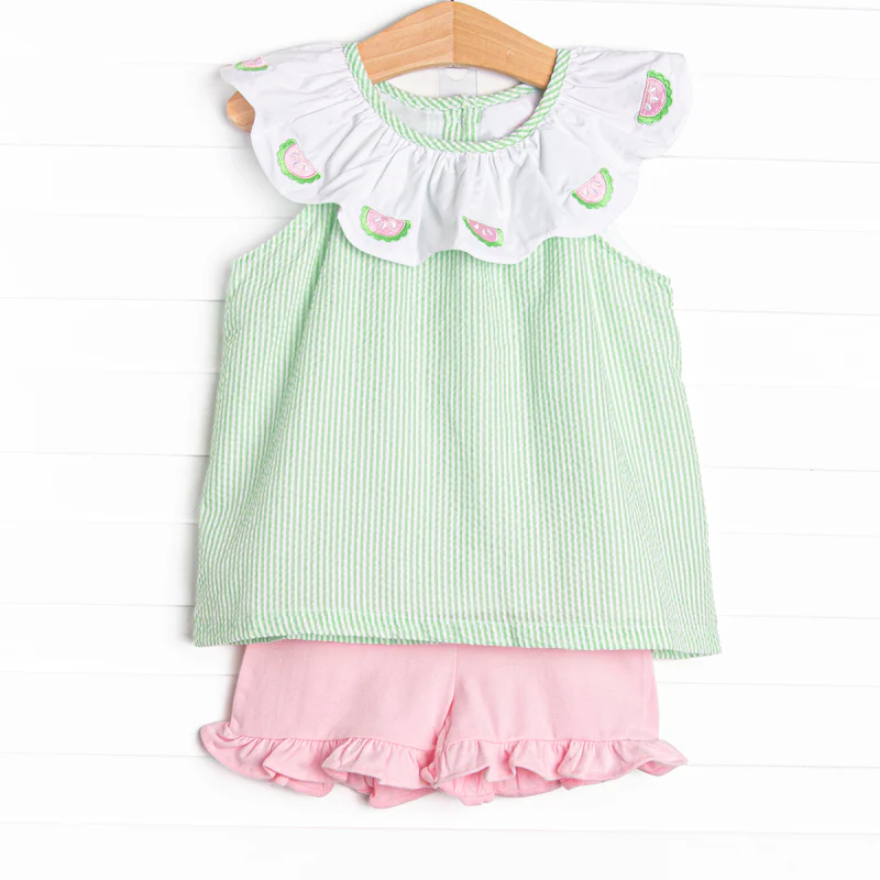 preorder GSSO3361 Watermelon Green Flutter Sleeve Pink Shorts Girls Set