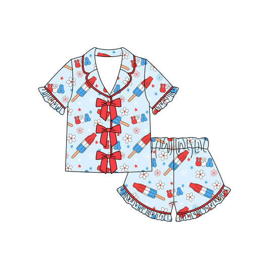 preorder GSSO3369 July 4th Firework Flowers Bows Short Sleeve Shorts Girls Pajamas