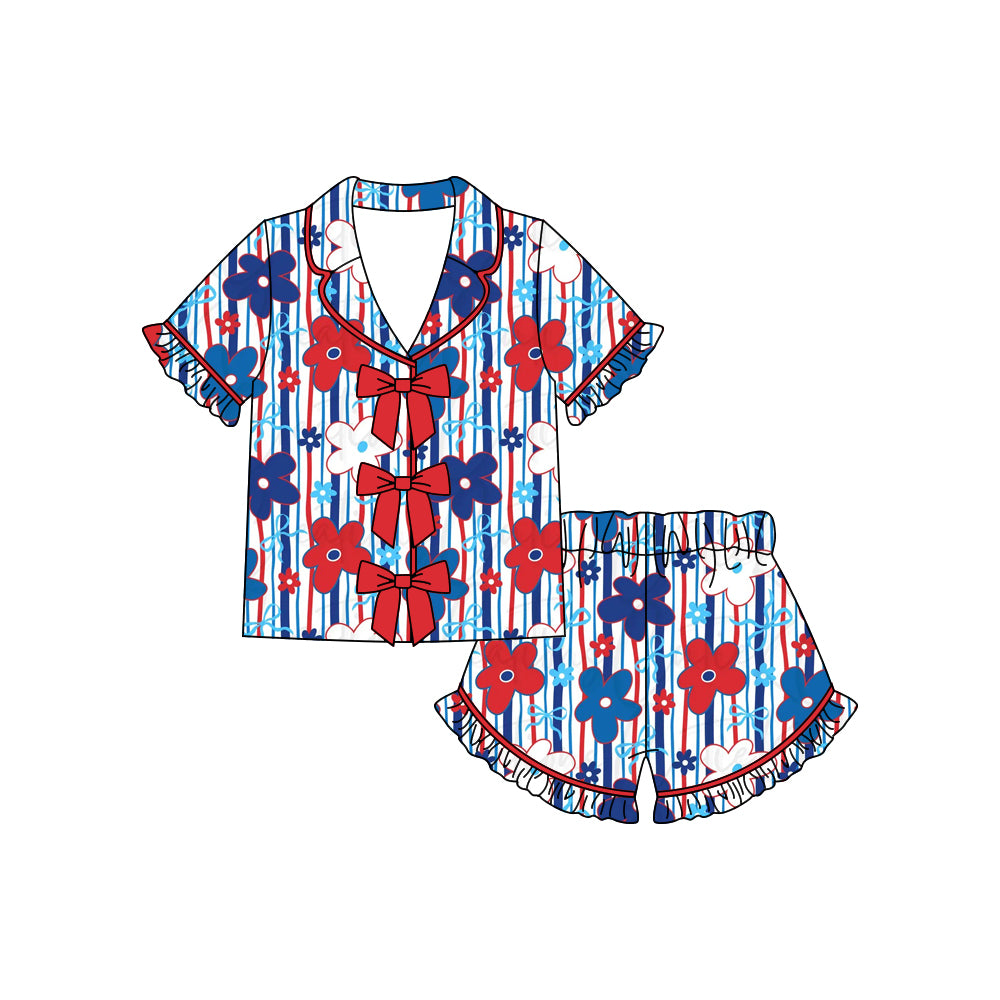 preorder GSSO3370 July 4th Flowers Bows Short Sleeve Shorts Girls Pajamas