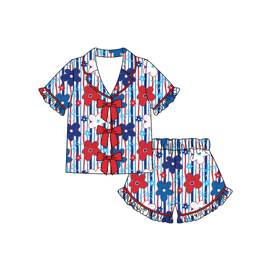 preorder GSSO3370 July 4th Flowers Bows Short Sleeve Shorts Girls Pajamas